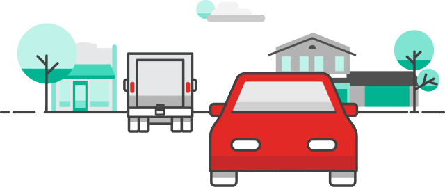 Pictogram of a red car on a two-lane road.